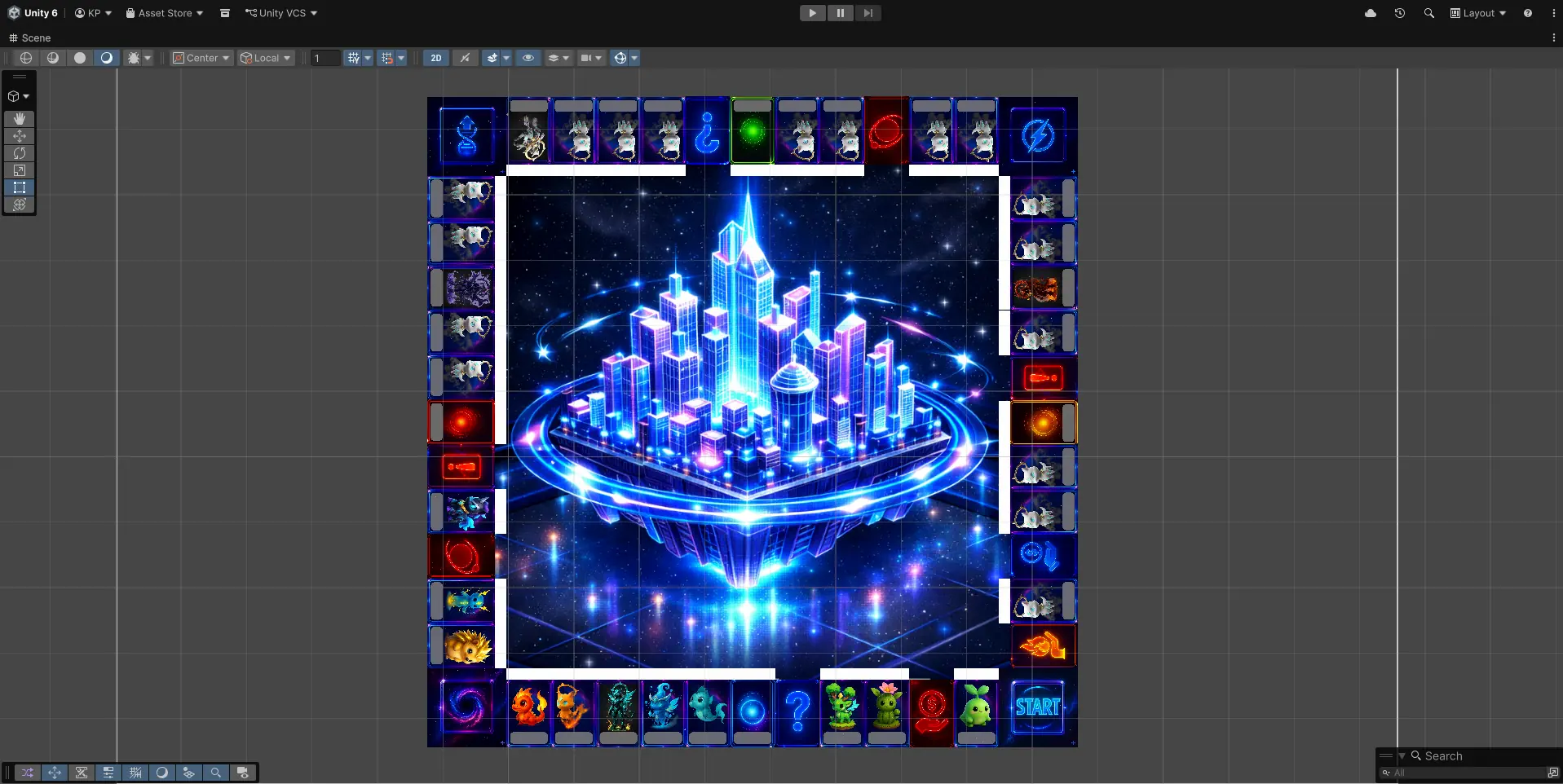 Unity Scene View – układ planszy MonsterBoard